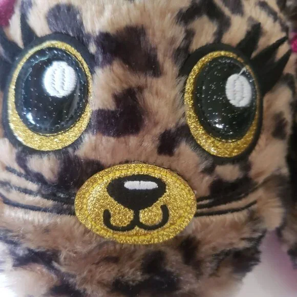 Kids Girls Furry Leopard Print Cat Slippers Pink Lining Size M 13 1 Bow Detail - Picture 2 of 5